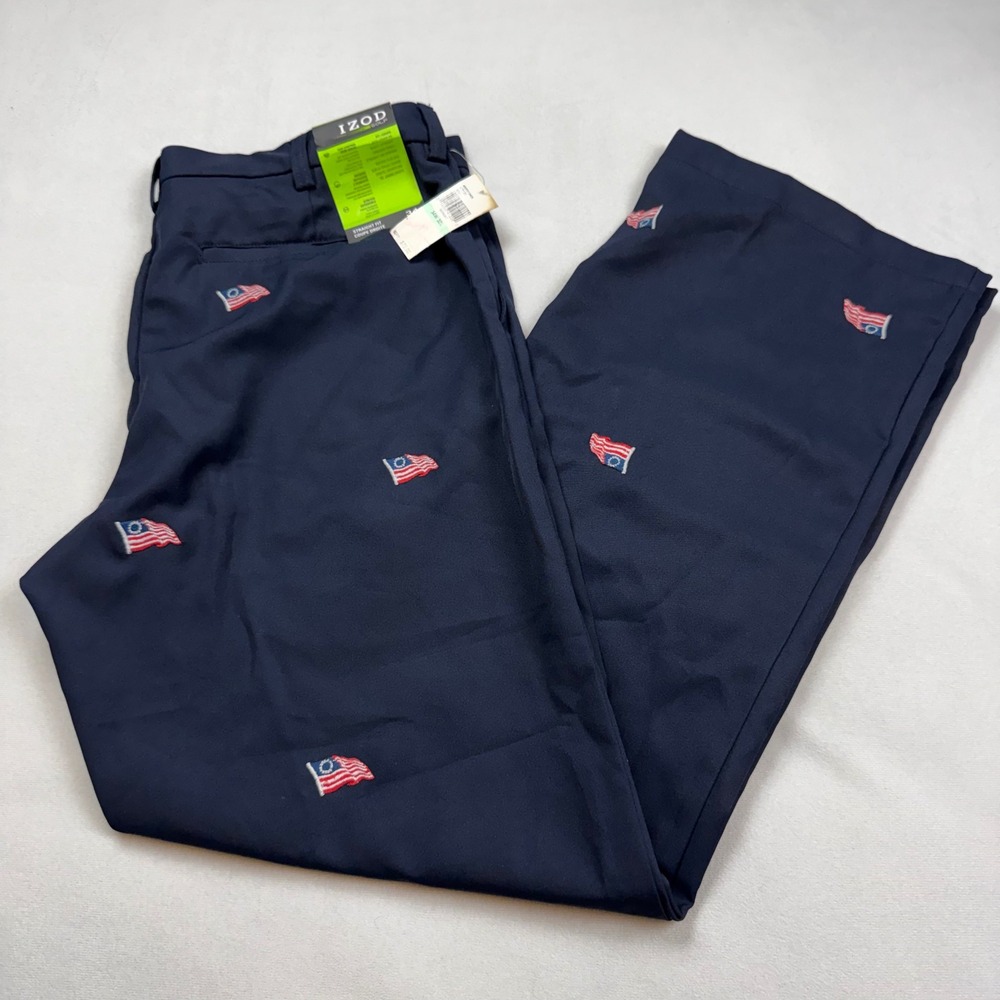IZOD Golf Mens 34x32 Midnight Navy Blue American Flag Embroidered Pants NWT